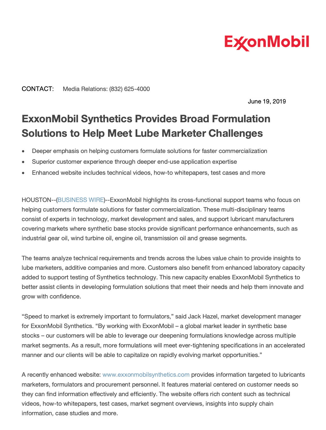 ExxonMobil press release